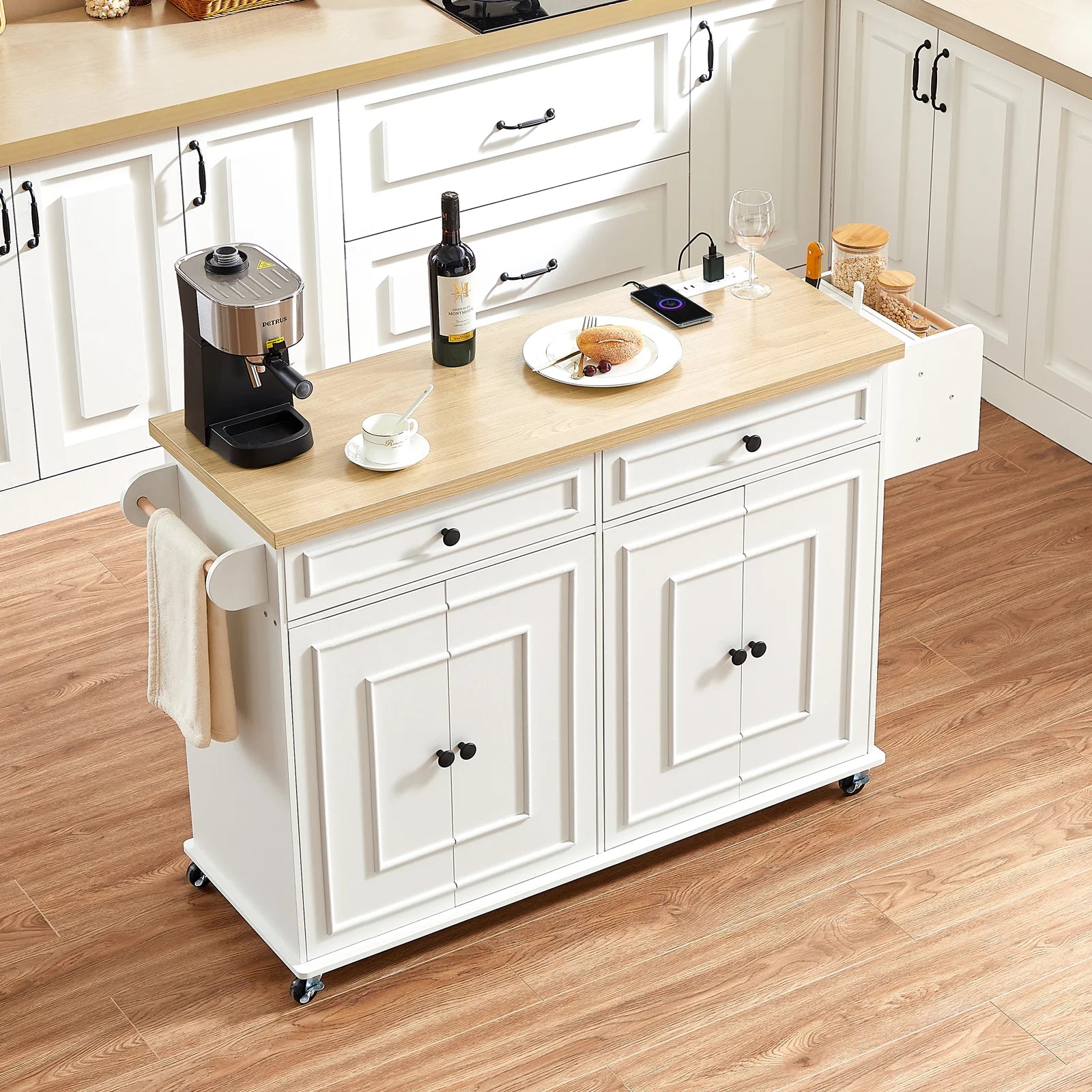 60" Rolling Kitchen Island with Power Outlet & Storage
