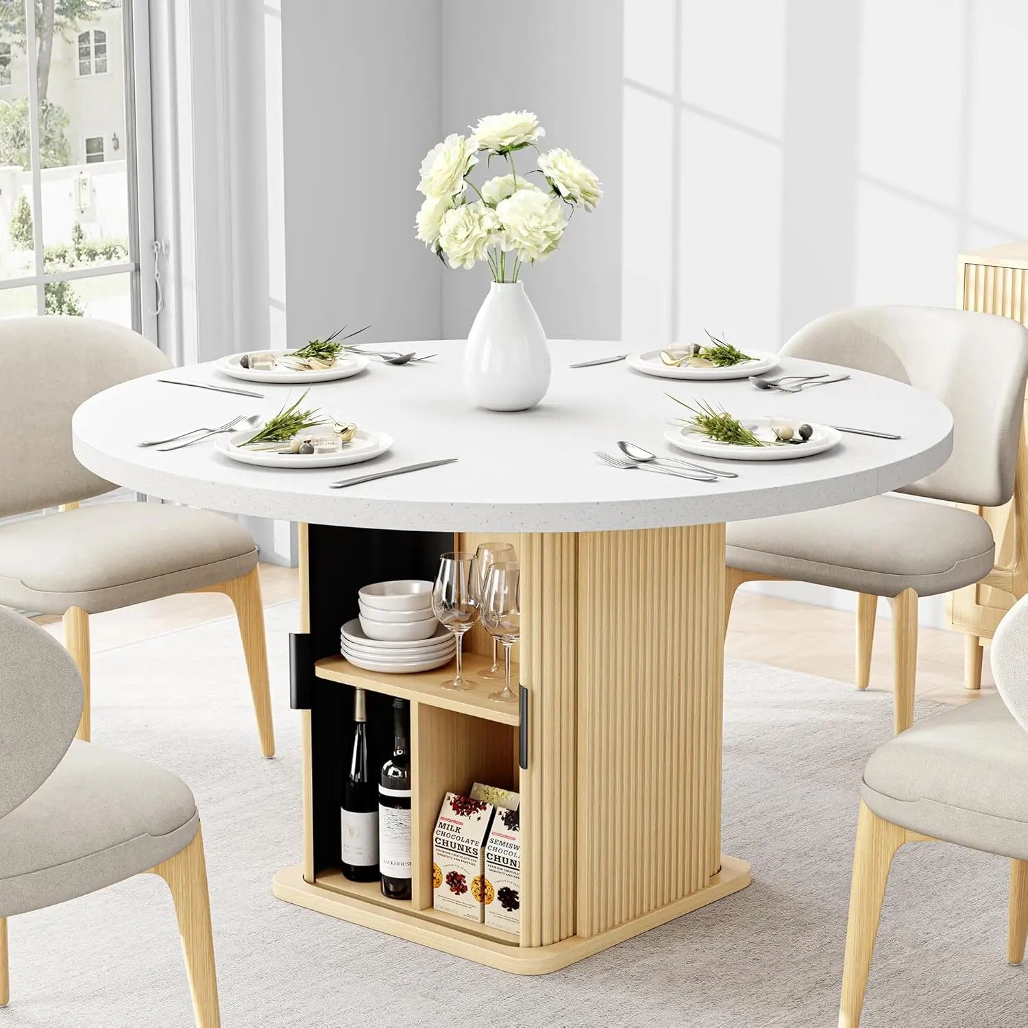 47" Round Farmhouse Dining Table with Storage