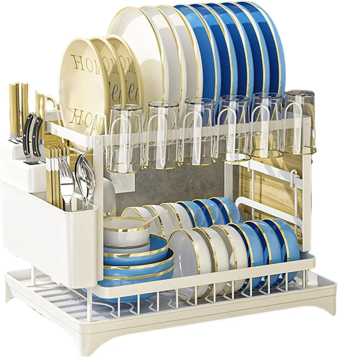 2 Tier Metal Dish Drying Rack with Drip Tray