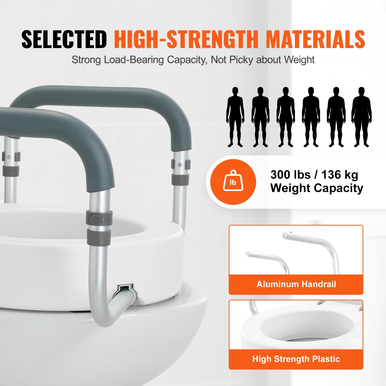 Raised Toilet Seat 3.5" with Aluminum Handrails 300lb