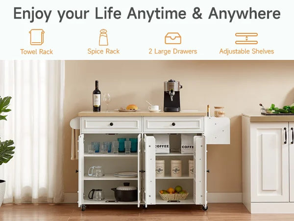 60" Rolling Kitchen Island with Power Outlet & Storage