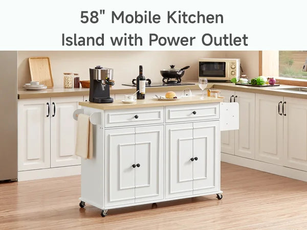 60" Rolling Kitchen Island with Power Outlet & Storage