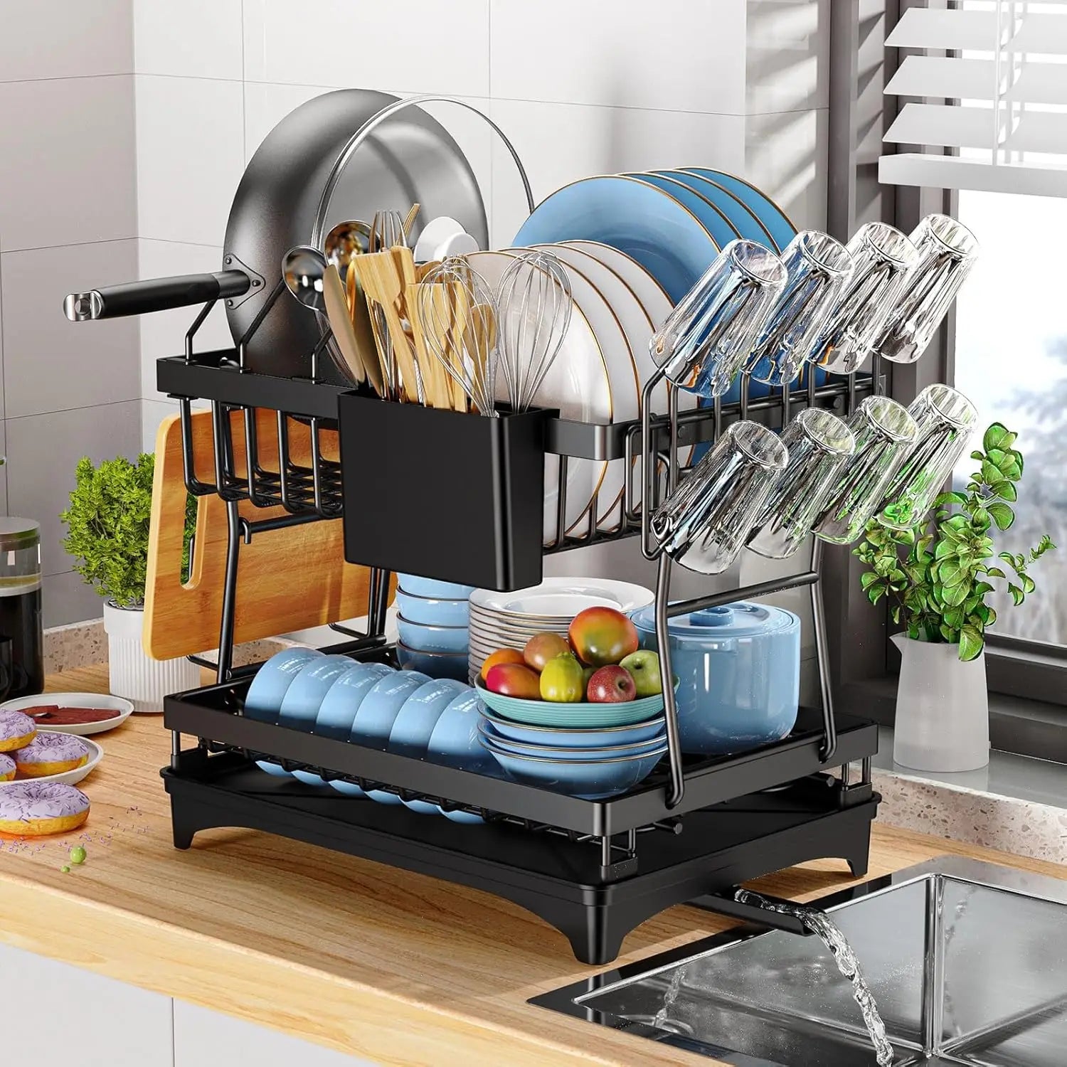 2 Tier Metal Dish Drying Rack with Drip Tray