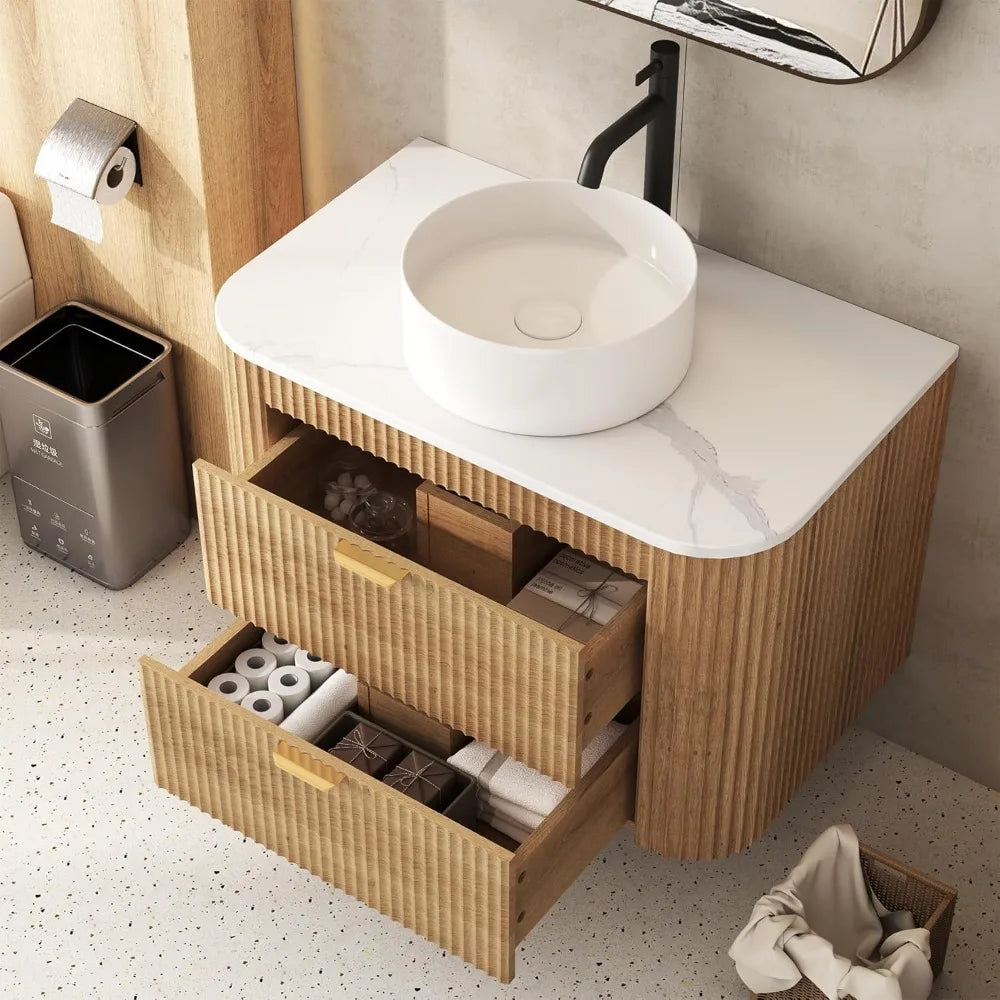 30" Floating Fluted Bathroom Vanity with Ceramic Sink