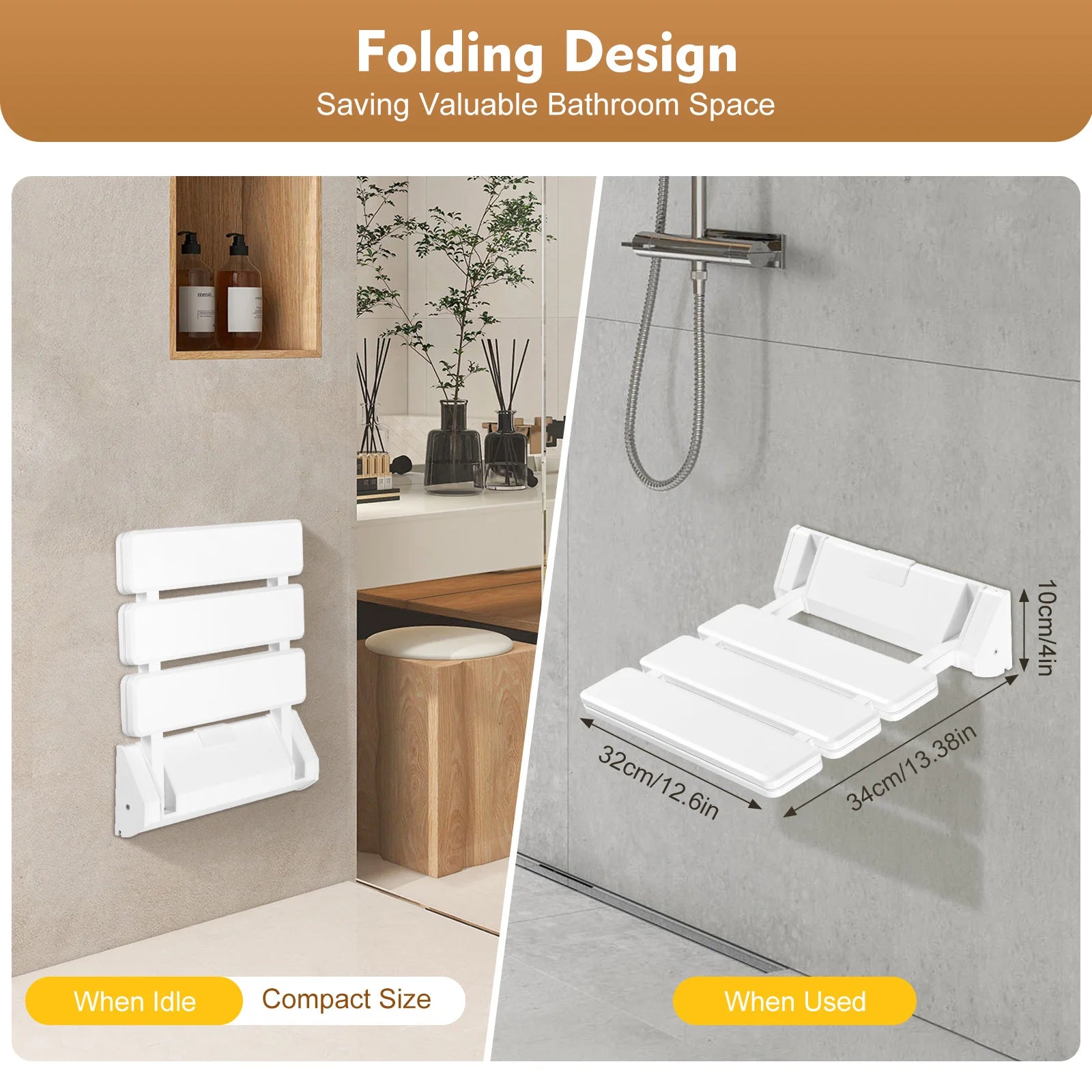 Wall-Mounted Folding Shower Seat 130kg Capacity