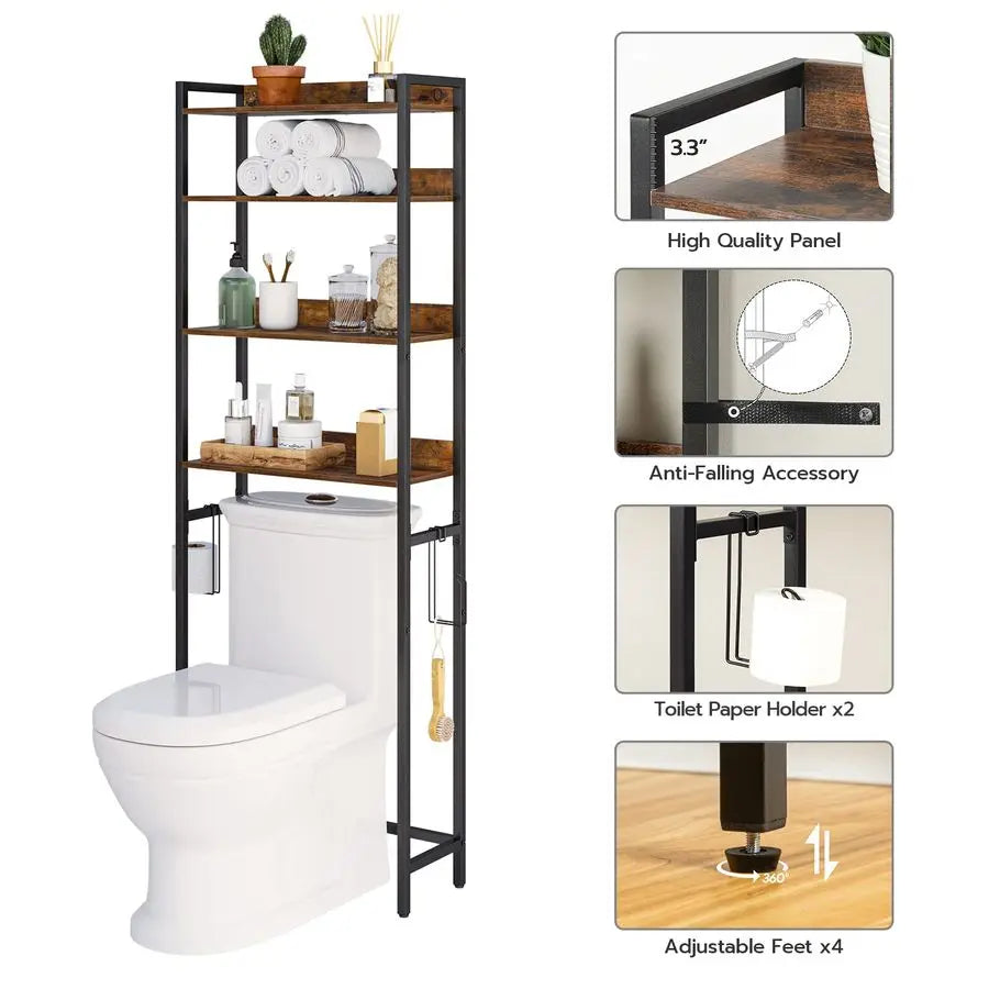 4-Tier Over Toilet Storage Rack with Hooks