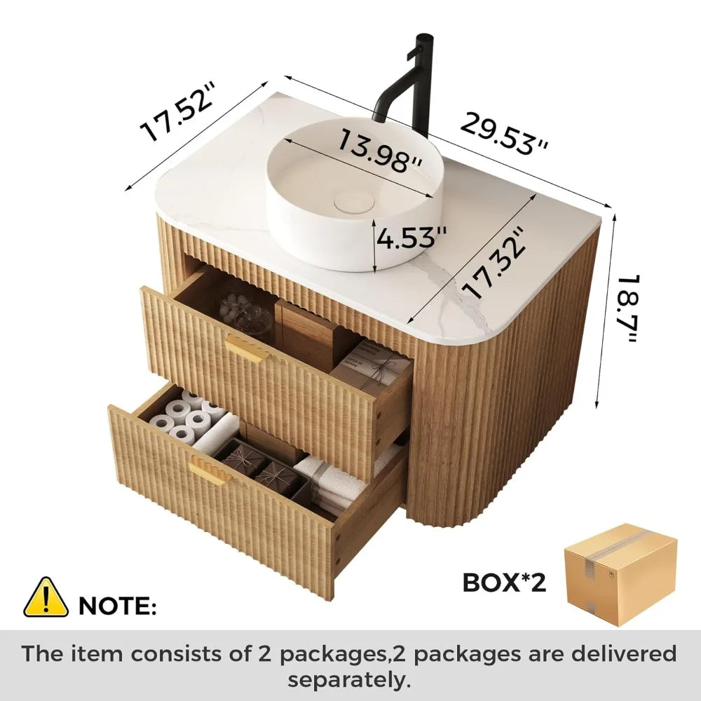 30" Floating Fluted Bathroom Vanity with Ceramic Sink