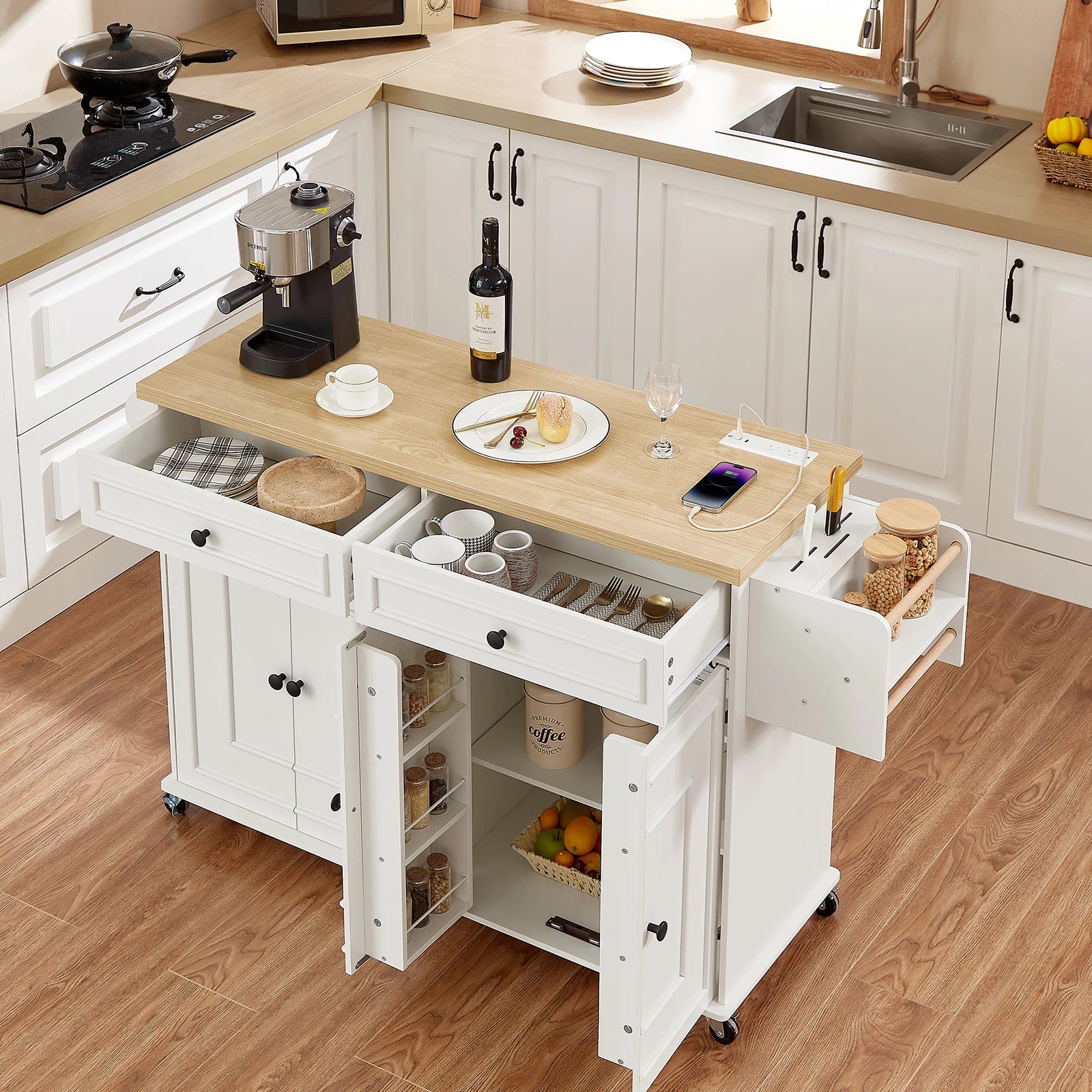 60" Rolling Kitchen Island with Power Outlet & Storage