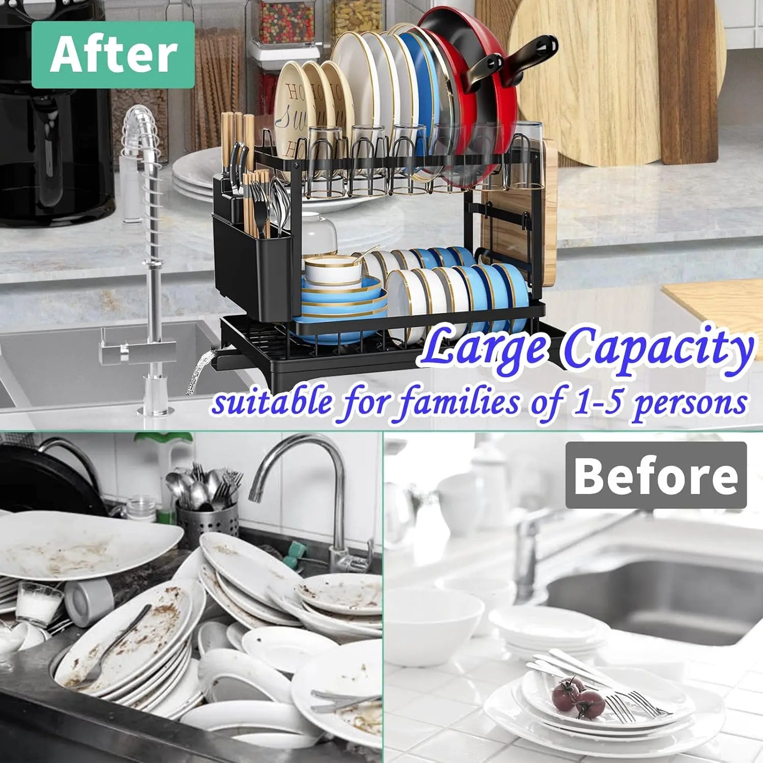 2 Tier Metal Dish Drying Rack with Drip Tray