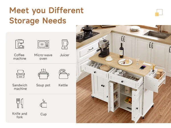 60" Rolling Kitchen Island with Power Outlet & Storage
